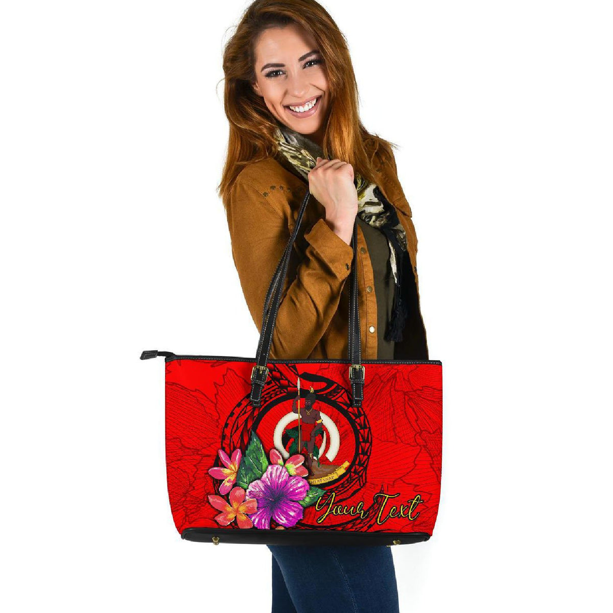Vanuatu Polynesian Custom Personalised Large Leather Tote - Floral With Seal Red - Polynesian Pride