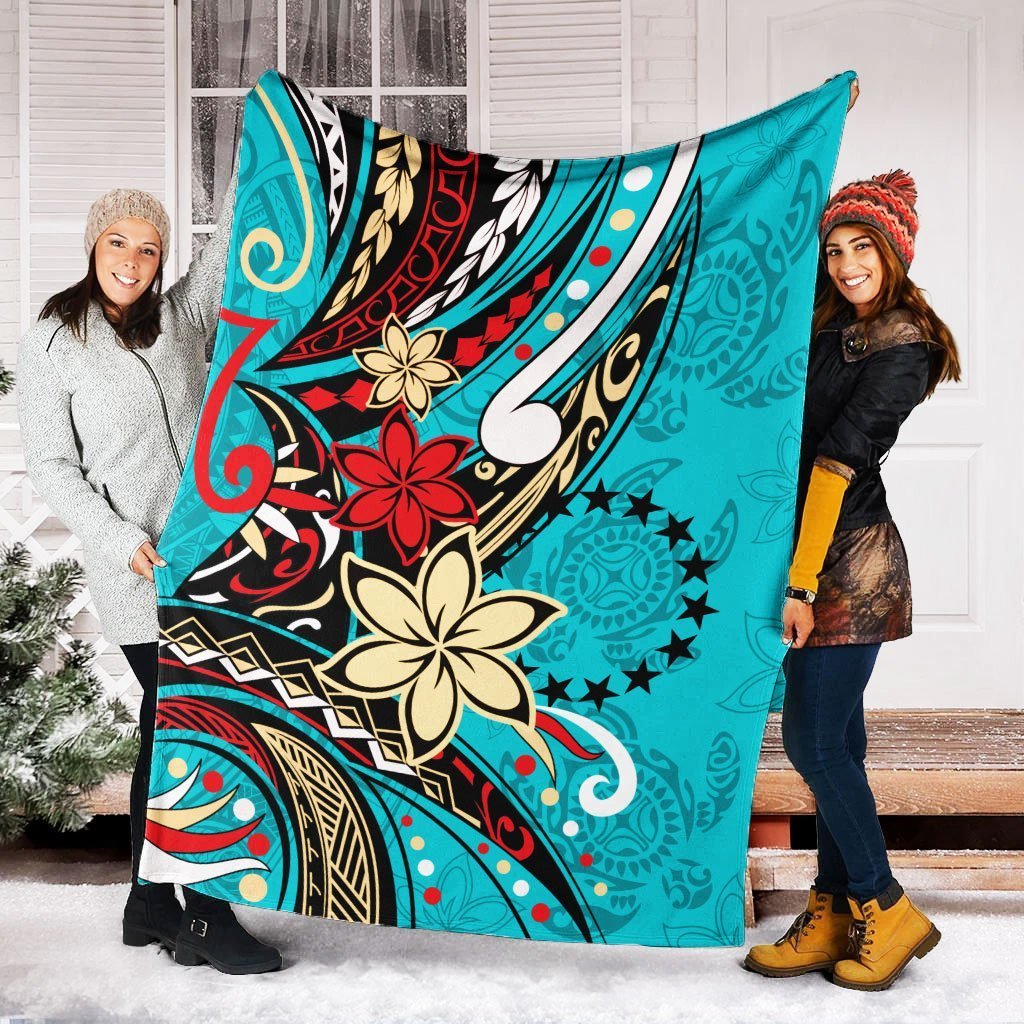 Cook Islands Premium Blanket - Tribal Flower With Special Turtles Blue Color - Polynesian Pride