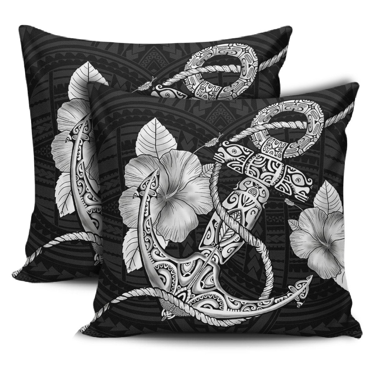 Anchor Poly Tribal Pillow Covers One Size Zippered Pillow Cases 18"x 18" (Twin Sides) (Set of 2) Black - Polynesian Pride