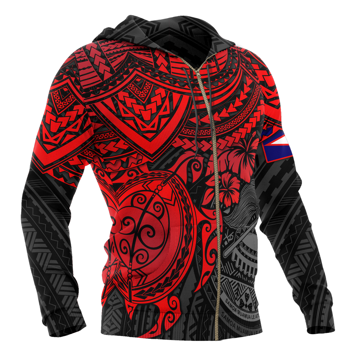 American Samoa Polynesian Hoodie (Zip up) Red Turtle - Polynesian Pride