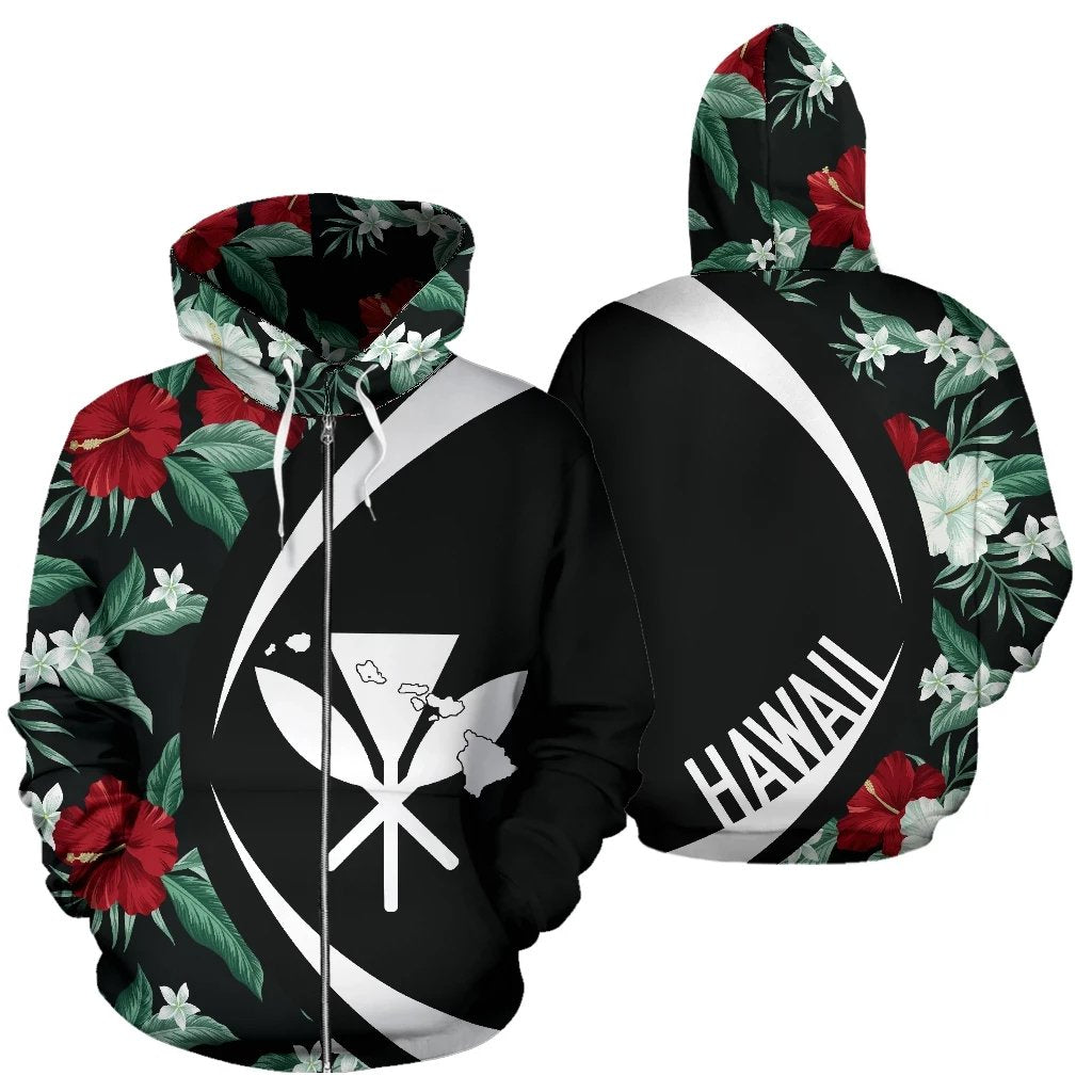Kanaka Tropical Hibiscus Garden Mystery Zipper Hoodie Circle Style Unisex Black - Polynesian Pride