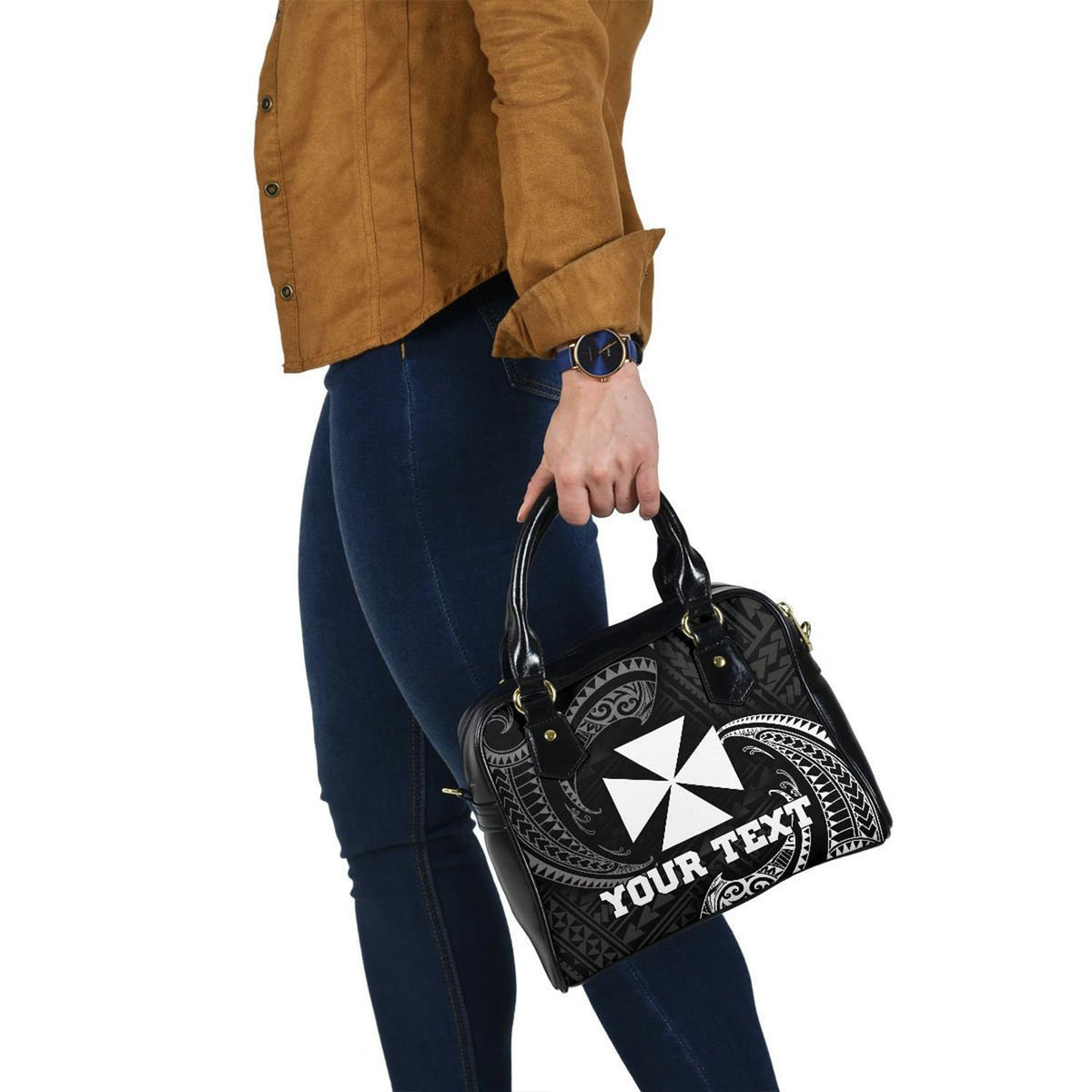 Wallis and Futuna Polynesian Custom Personalised Shoulder Handbag - White Tribal Wave - Polynesian Pride