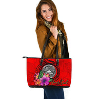 American Samoa Polynesian Custom Personalised Large Leather Tote - Floral With Seal Red - Polynesian Pride