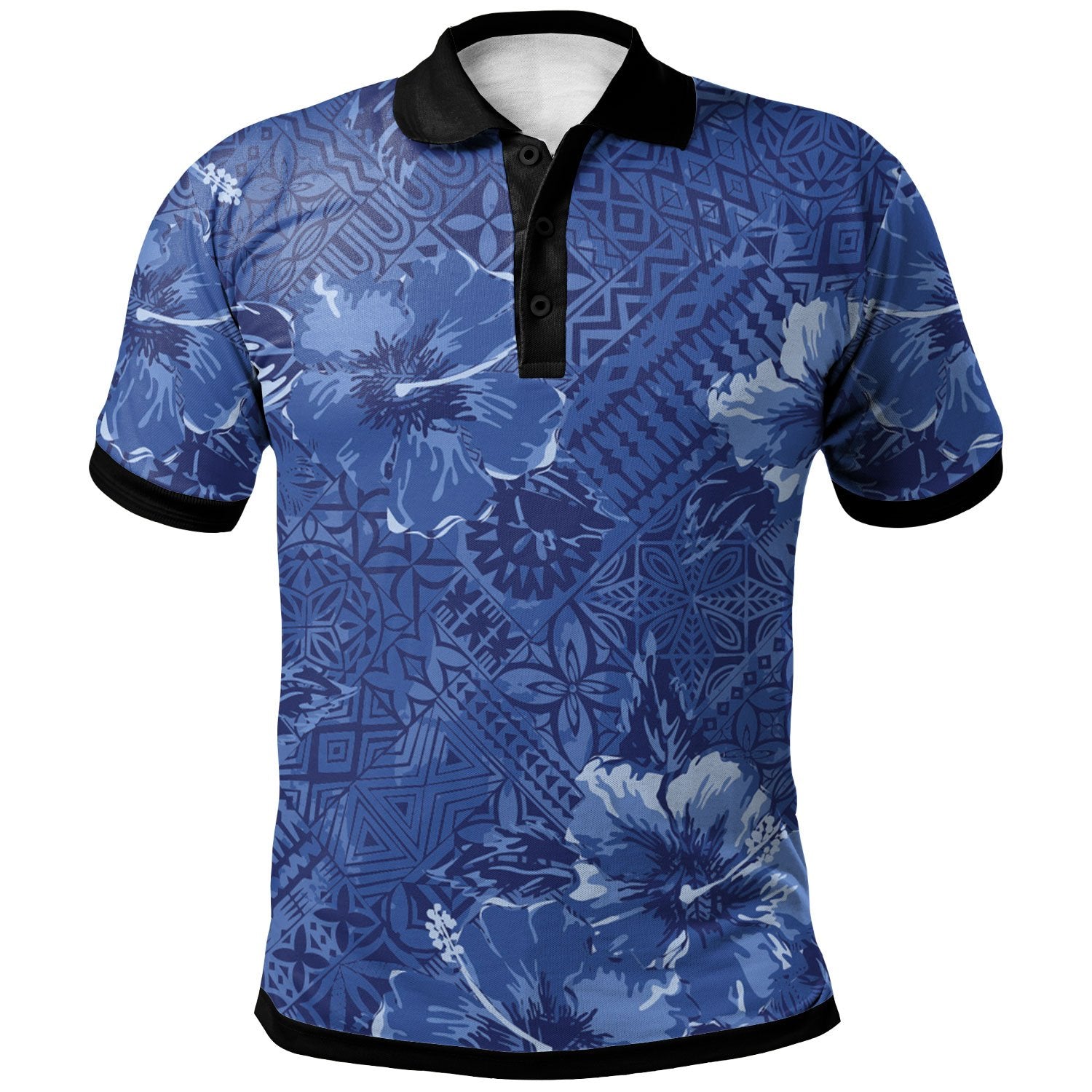 Polynesian Polo Shirt Hibiscus Blue Unisex Vintage Color - Polynesian Pride