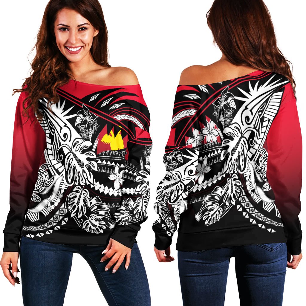 Papua New Guinea Women's Off Shoulder Sweaters - Tribal Jungle Pattern Red Color Green - Polynesian Pride