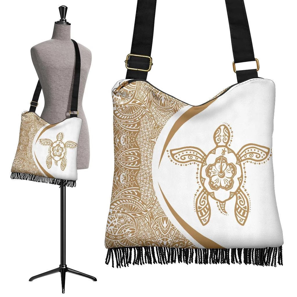 Hawaii Turtle Polynesian Crossbody Boho Handbag-Circle Style Gold And White Crossbody Boho Handbag One Size Black - Polynesian Pride