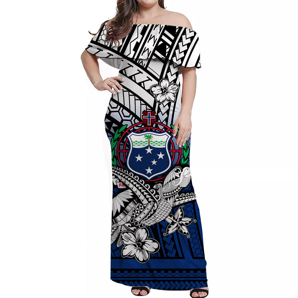 Samoa Off Shoulder Long Dress Hibiscus Flowers Blue LT13 Women Blue - Polynesian Pride