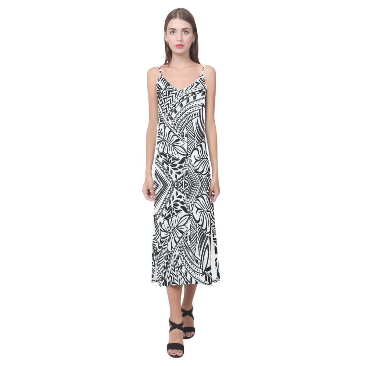Tonga Pattern V - Neck Open Fork Long Dress - White Style Women White - Polynesian Pride
