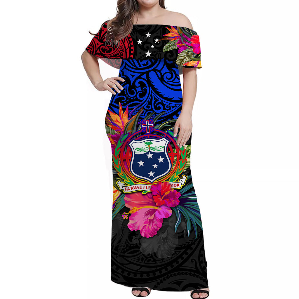 Samoa Off Shoulder Long Dress Alluring Polynesia and Tropical Flowers LT13 Women Black - Polynesian Pride