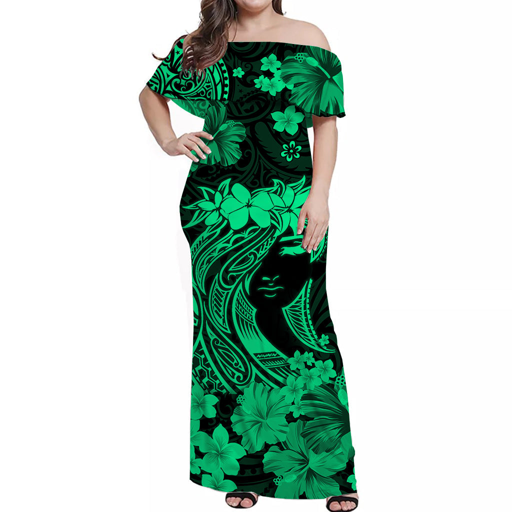 Hawaii Off Shoulder Long Dress Polynesia Green Attractive Hula Girl LT13 Women Green - Polynesian Pride
