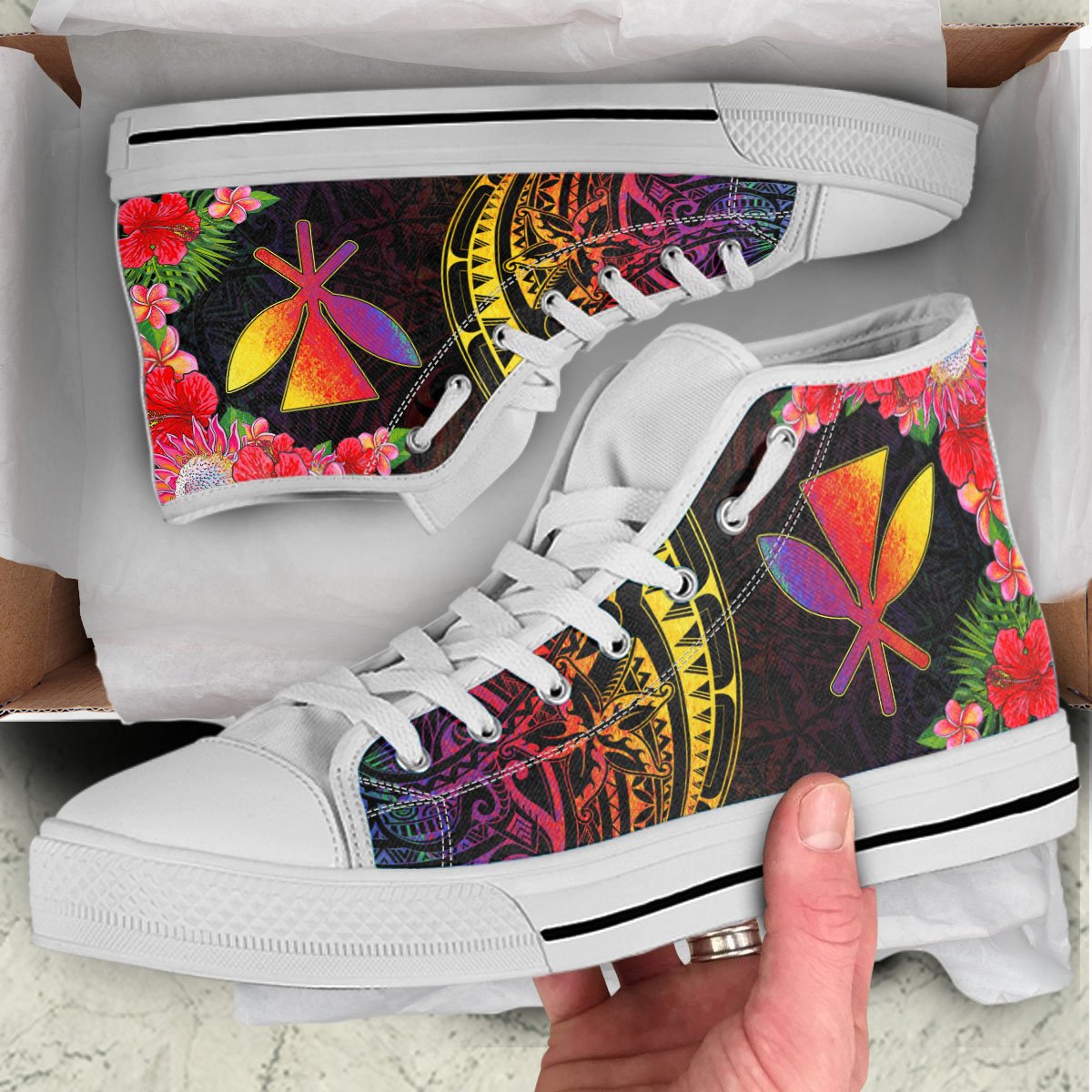 Hawaii Kanaka Maoli High Top Shoes - Tropical Hippie Style Unisex White - Polynesian Pride