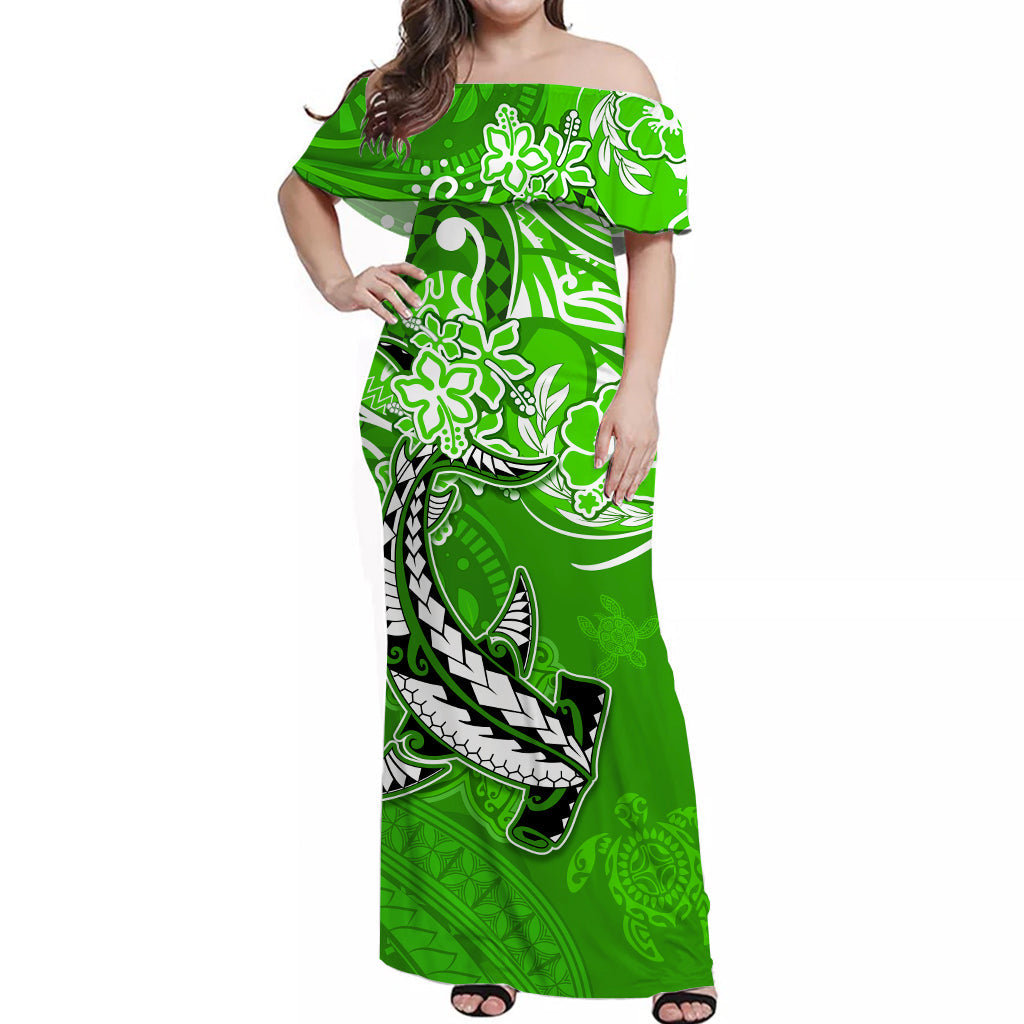 (Custom Personalised) Hawaii Off Shoulder Long Dress Polynesia Green Sea Turtle Honu and Hammerhead Shark LT13 Women Green - Polynesian Pride