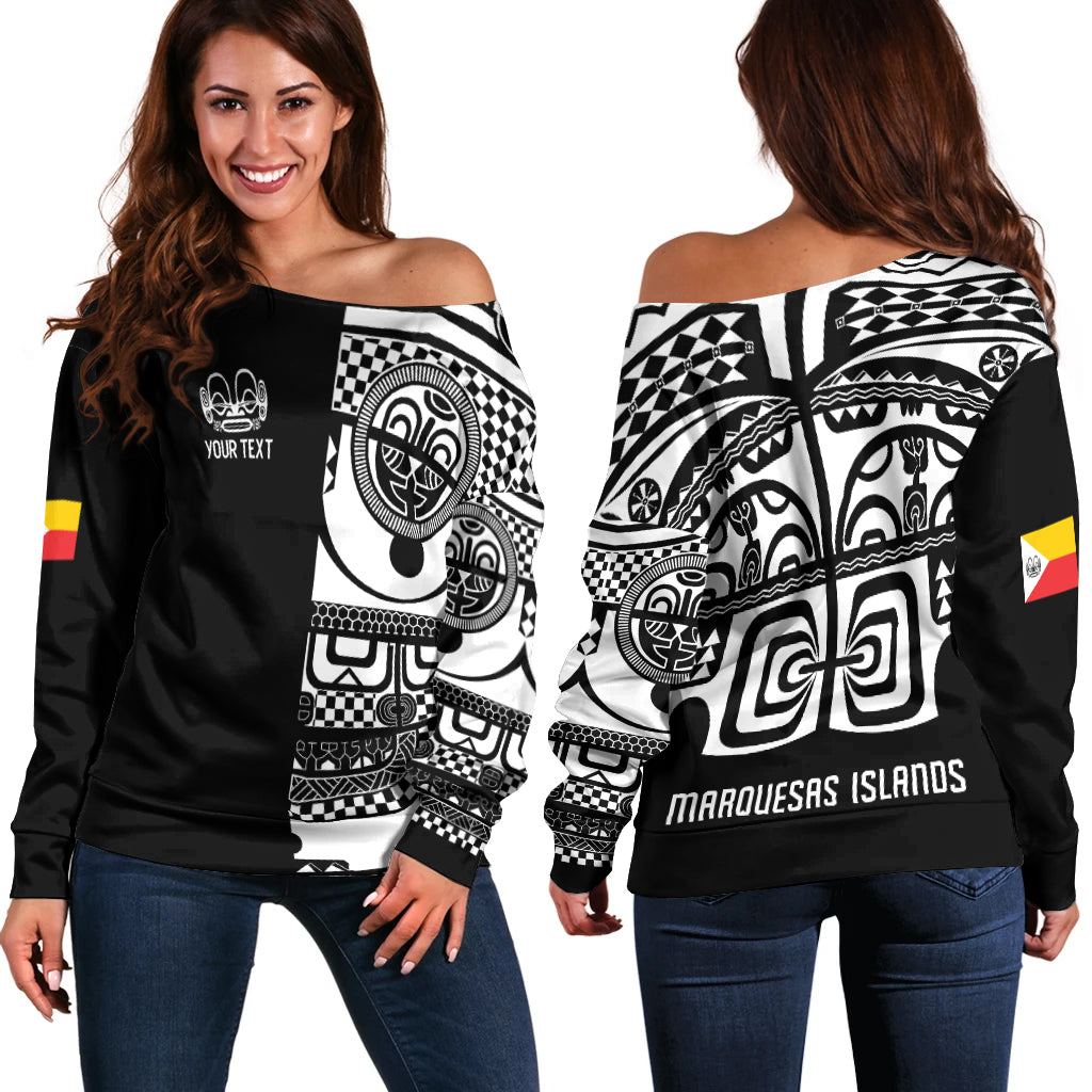(Custom Personalised) Marquesas Islands Tiki Off Shoulder Sweater Marquesan Tattoo LT13 Black - Polynesian Pride