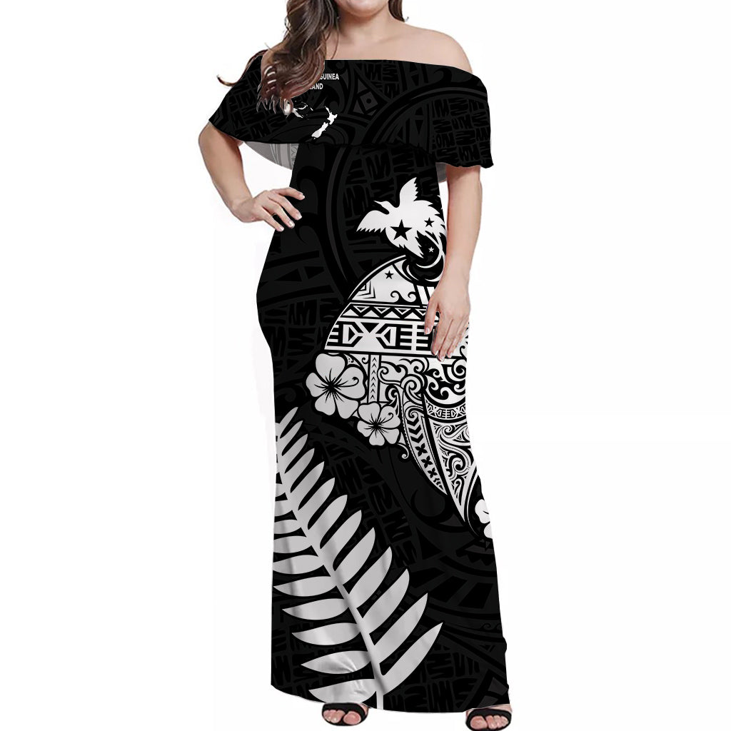 Papua New Guinea and New Zealand Off Shoulder Long Dress Maori Polynesian LT13 Long Dress Black - Polynesian Pride