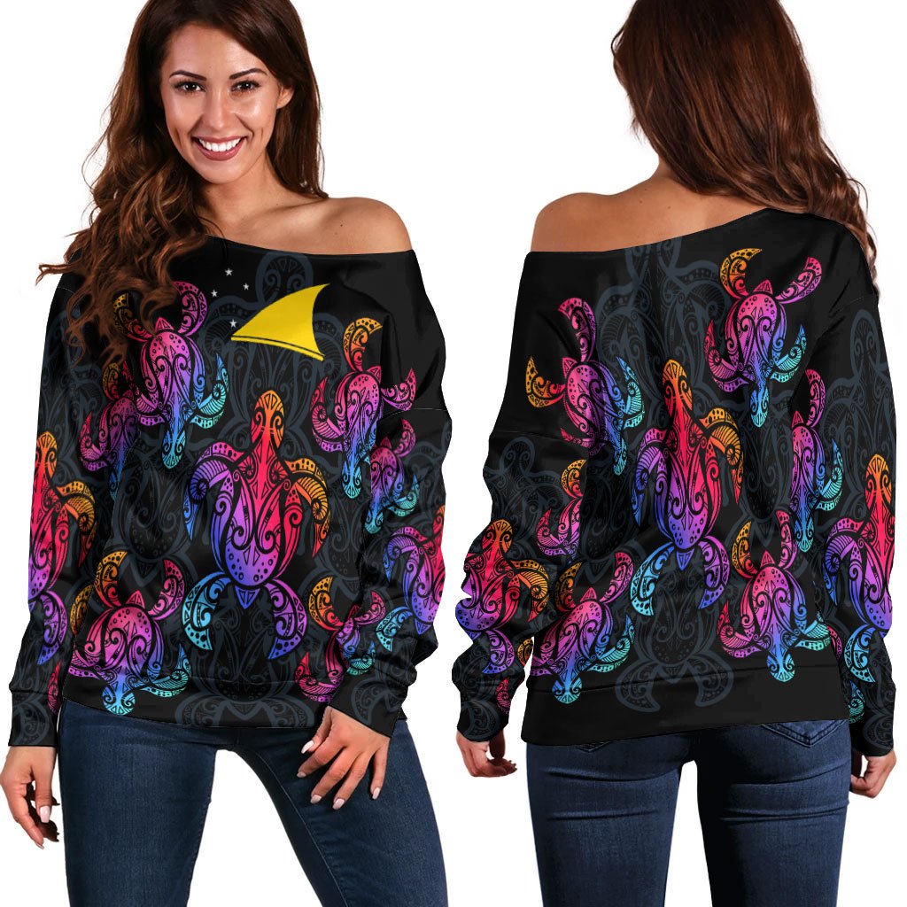 Tokelau Women's Off Shoulder Sweaters - Sea Turtle In Tribal Polynesian Style Black - Polynesian Pride