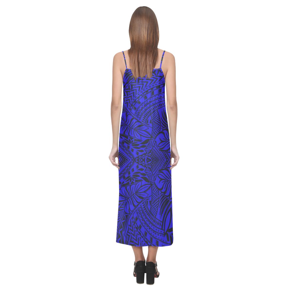 Tonga Pattern V - Neck Open Fork Long Dress - Blue Style - Polynesian Pride