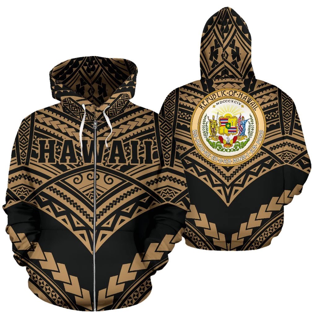 Hawaii Coat of Arms Polynesian Zip up Hoodie Tribal New Warrior Style Golden Color Unisex Gold - Polynesian Pride