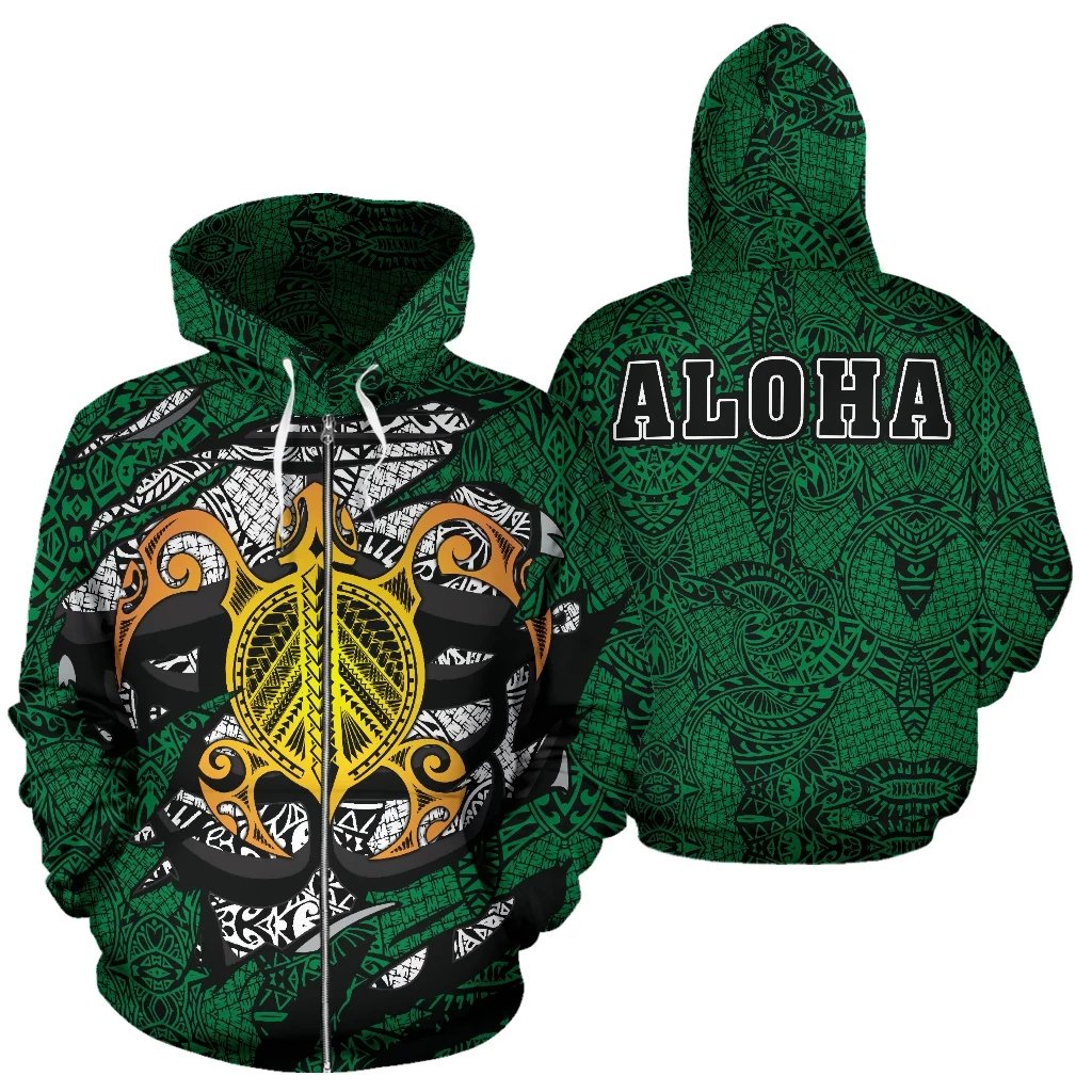 Honu Polynesian Green Hawaii Turtle Hoodie (Zip) Unisex Green - Polynesian Pride