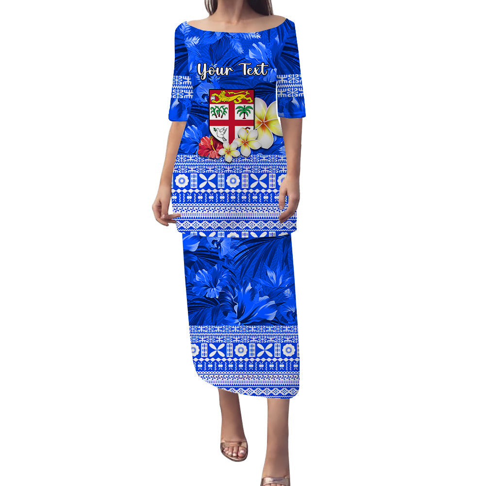 (Custom Personalised) Fiji Puletasi Dress Blue Tapa Pattern Fijian Tropical Flowers LT13 Blue - Polynesian Pride