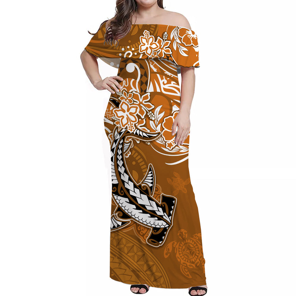 (Custom Personalised) Hawaii Off Shoulder Long Dress Polynesia Gold Sea Turtle Honu and Hammerhead Shark LT13 Women Gold - Polynesian Pride