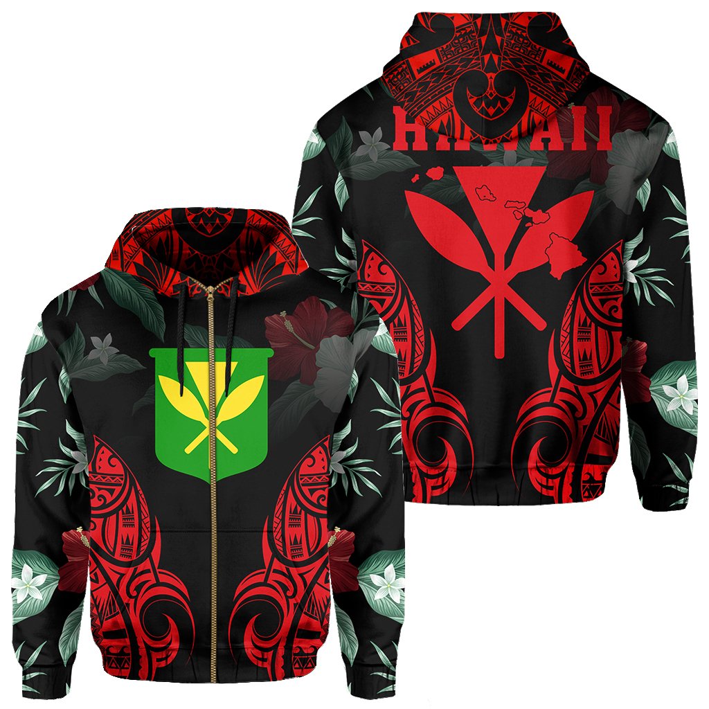 Polynesian Tropic Kanaka Maoli Hibiscus Hawaii Zip Hoodie Red Unisex Red - Polynesian Pride