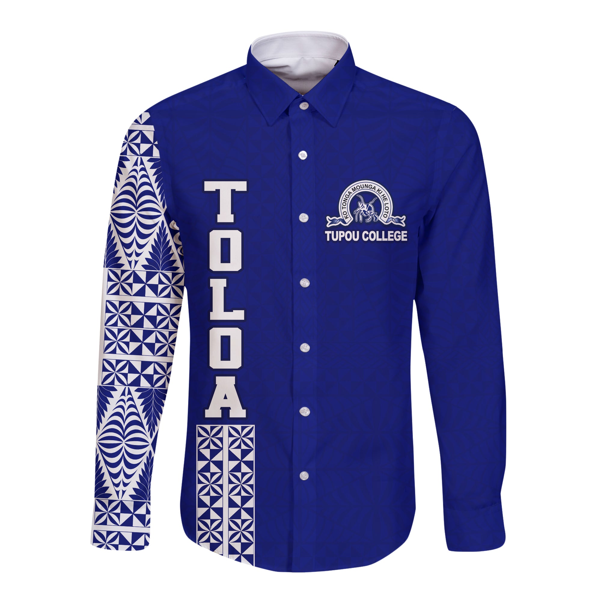 TOLOA Hawaii Long Sleeve Button Shirt Tupou College Tonga Pattern LT13 Unisex Blue - Polynesian Pride