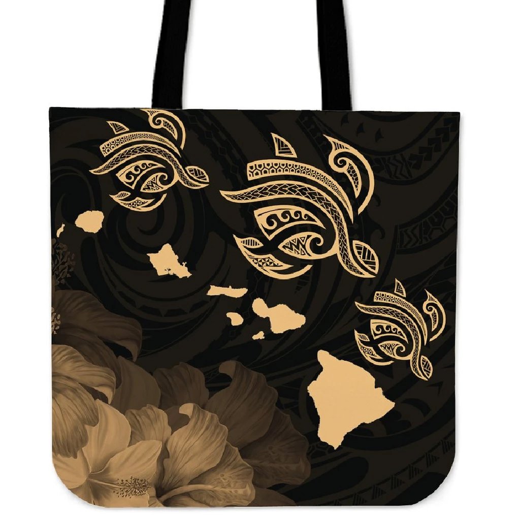 Hawaii Turtle Hibiscus Map Polynesian Blur Tote Bag Tote Bag One Size Black - Polynesian Pride