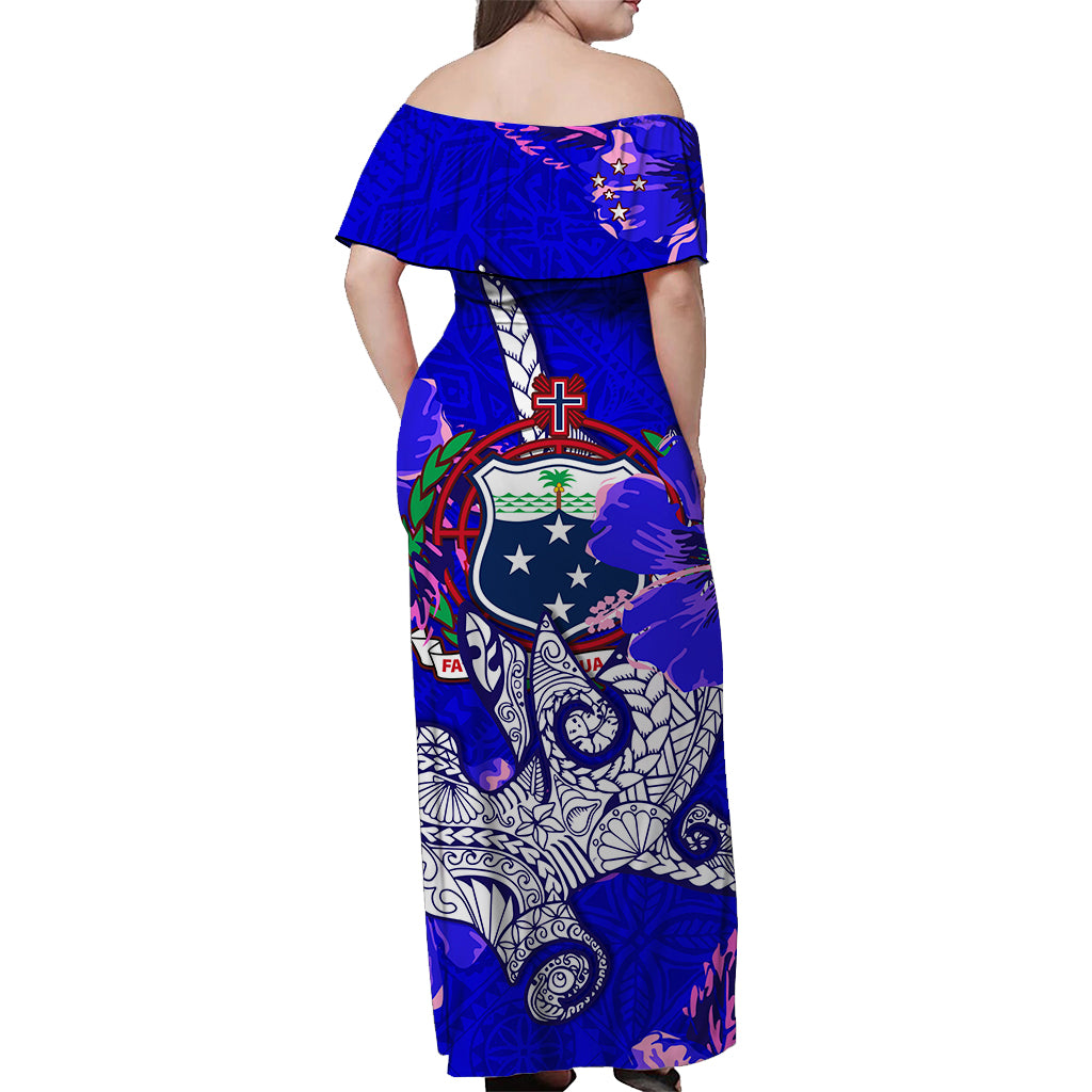Samoa Off Shoulder Long Dress Hammerhead Shark and Hibiscus Blue LT13 - Polynesian Pride
