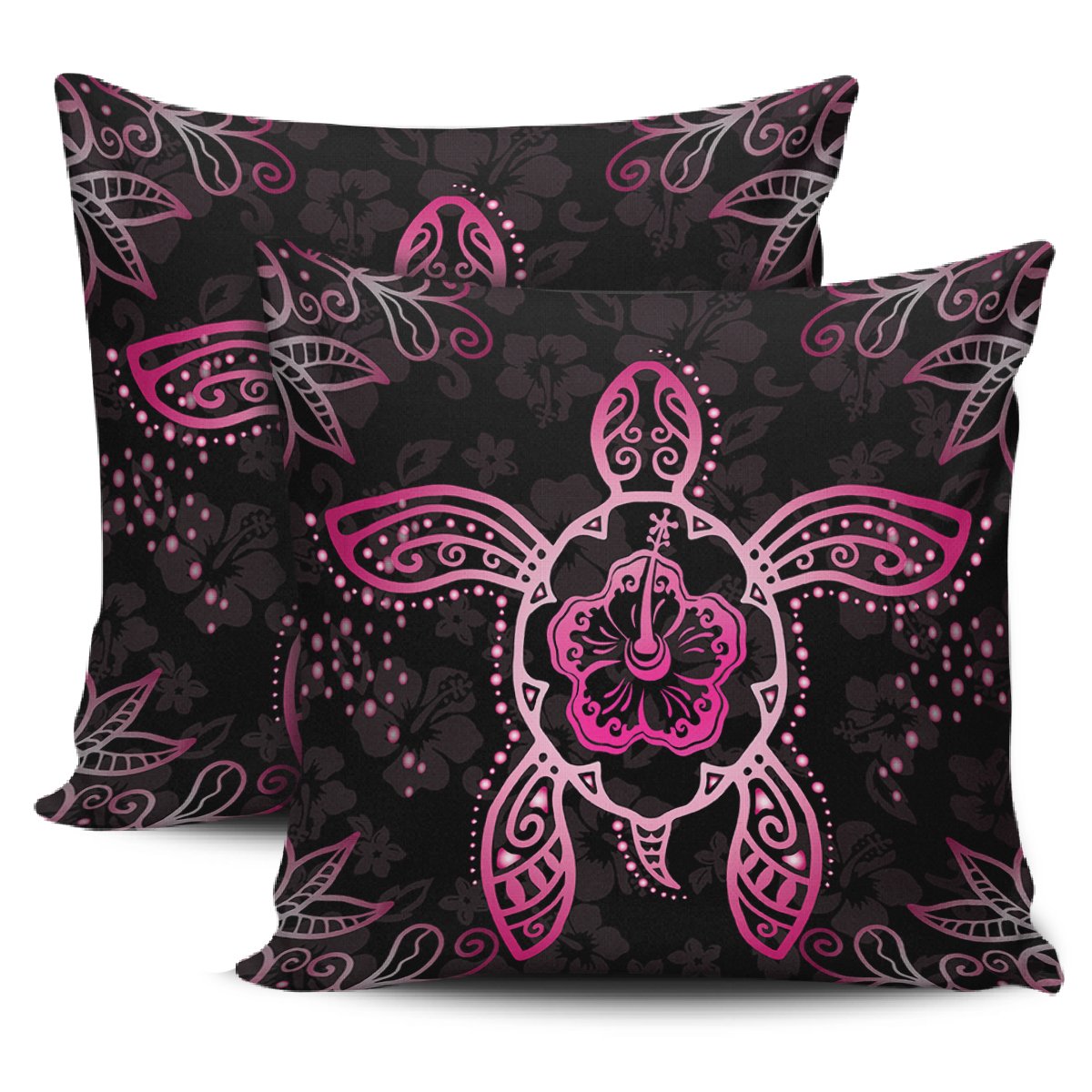 Turtle Hibiscus Pink Pillow Covers One Size Zippered Pillow Cases 18"x 18" (Twin Sides) (Set of 2) Black - Polynesian Pride