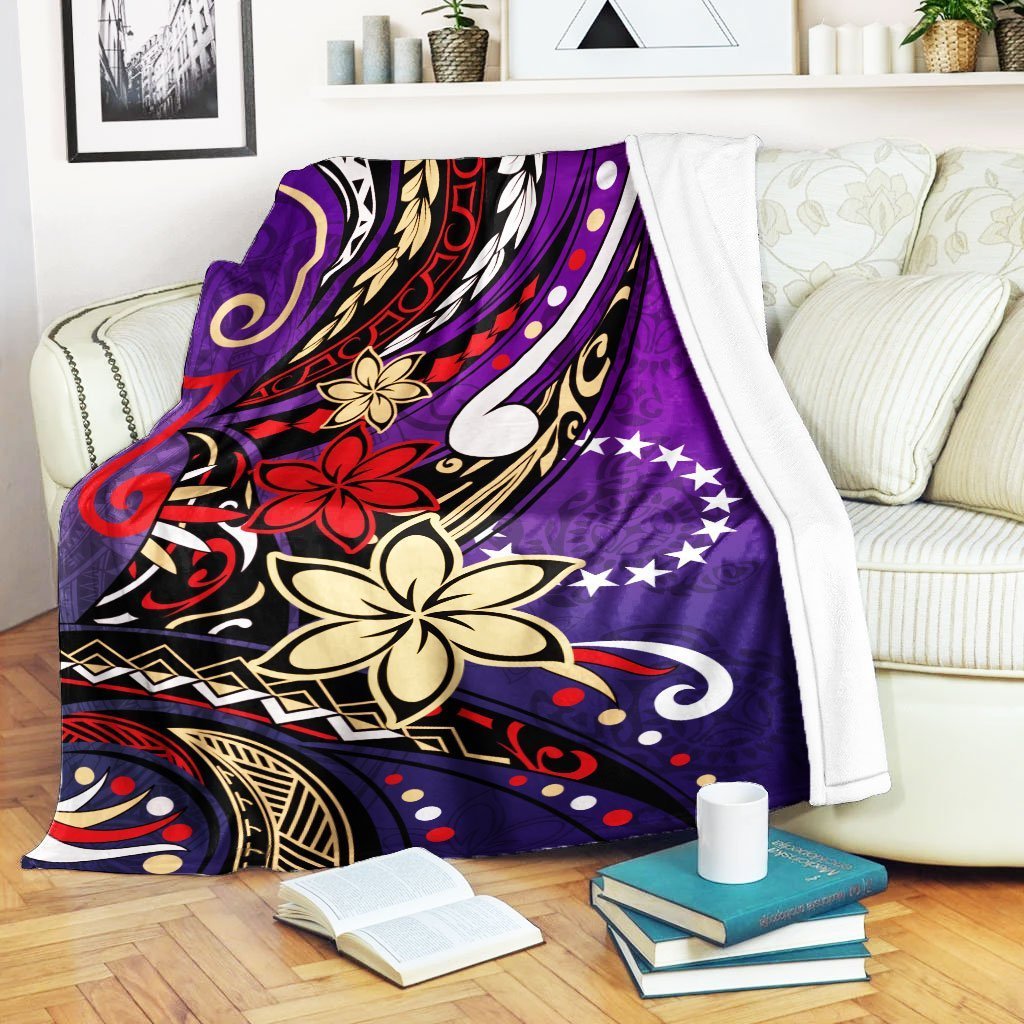 Cook Islands Premium Blanket - Tribal Flower With Special Turtles Purple Color White - Polynesian Pride