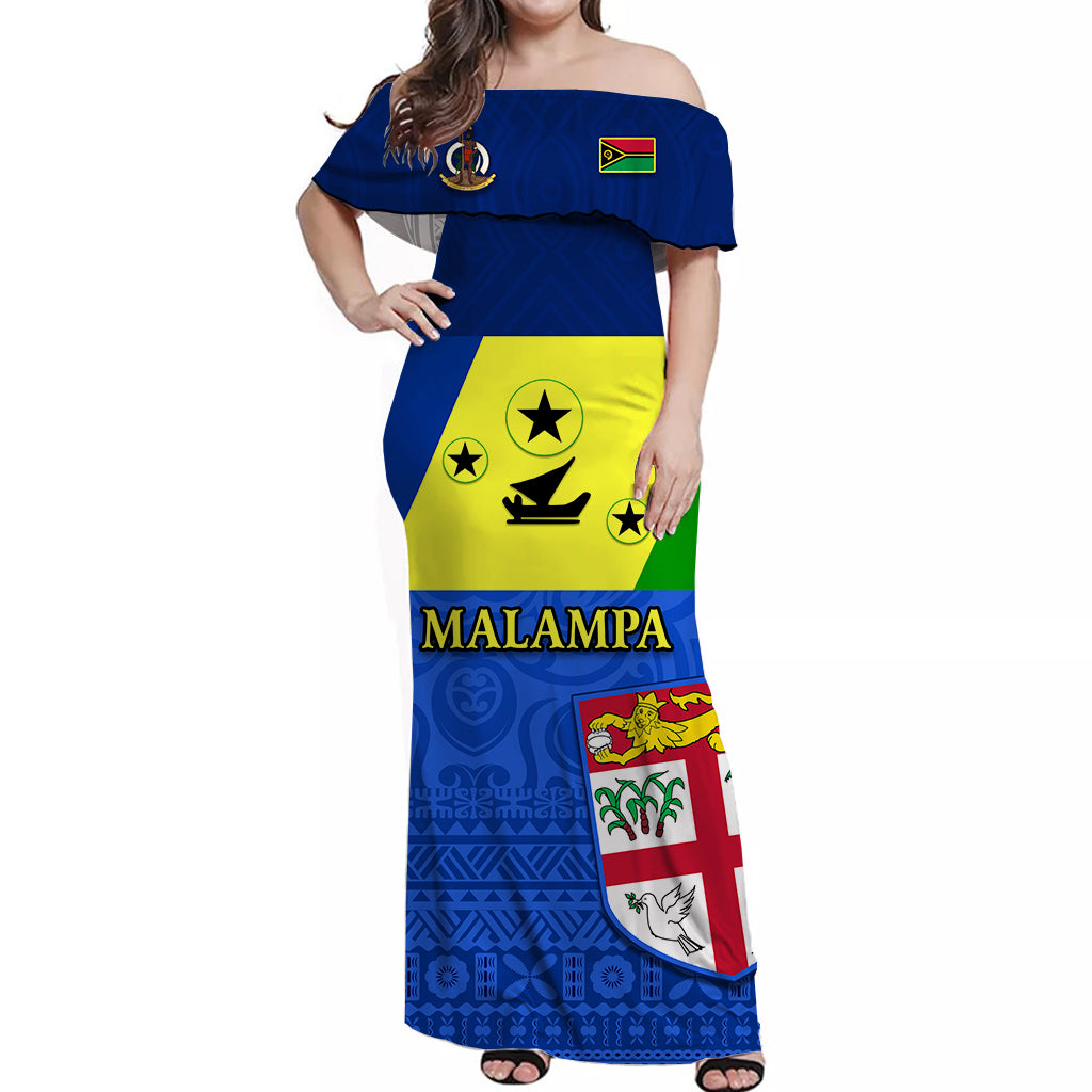 Malampa Fiji Day Off Shoulder Long Dress Vanuatu Proud LT13 Long Dress Blue - Polynesian Pride