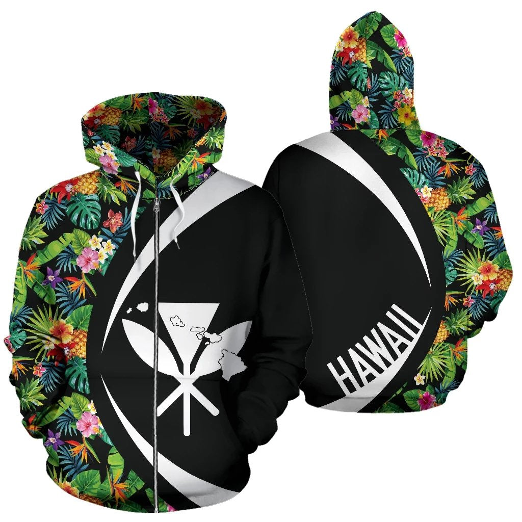 Kanaka Tropical Leaves and Plumeria Zipper Hoodie Circle Style Unisex Black - Polynesian Pride