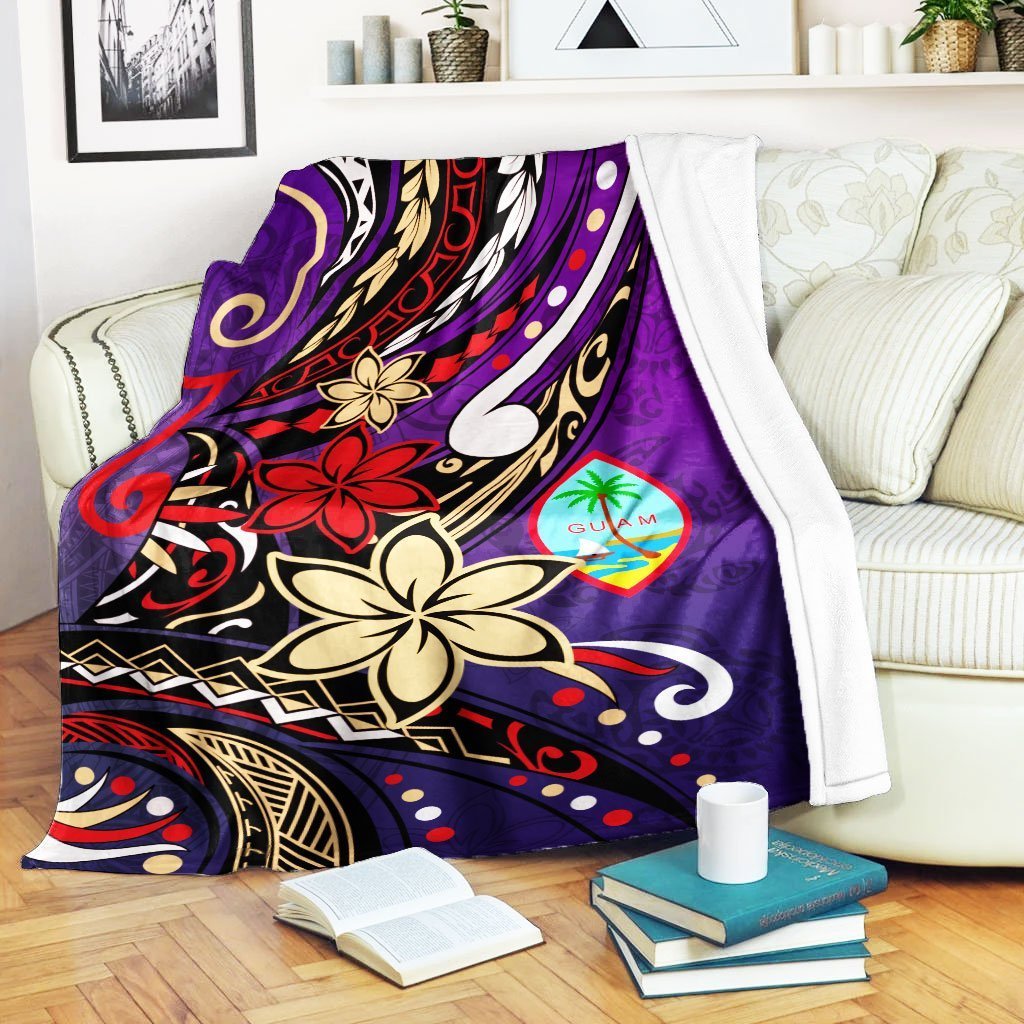 Guam Premium Blanket - Tribal Flower With Special Turtles Purple Color White - Polynesian Pride