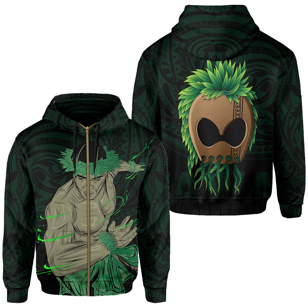 Polynesian Hula Man Helmet Hawaii Zip Hoodie Green Unisex Green - Polynesian Pride