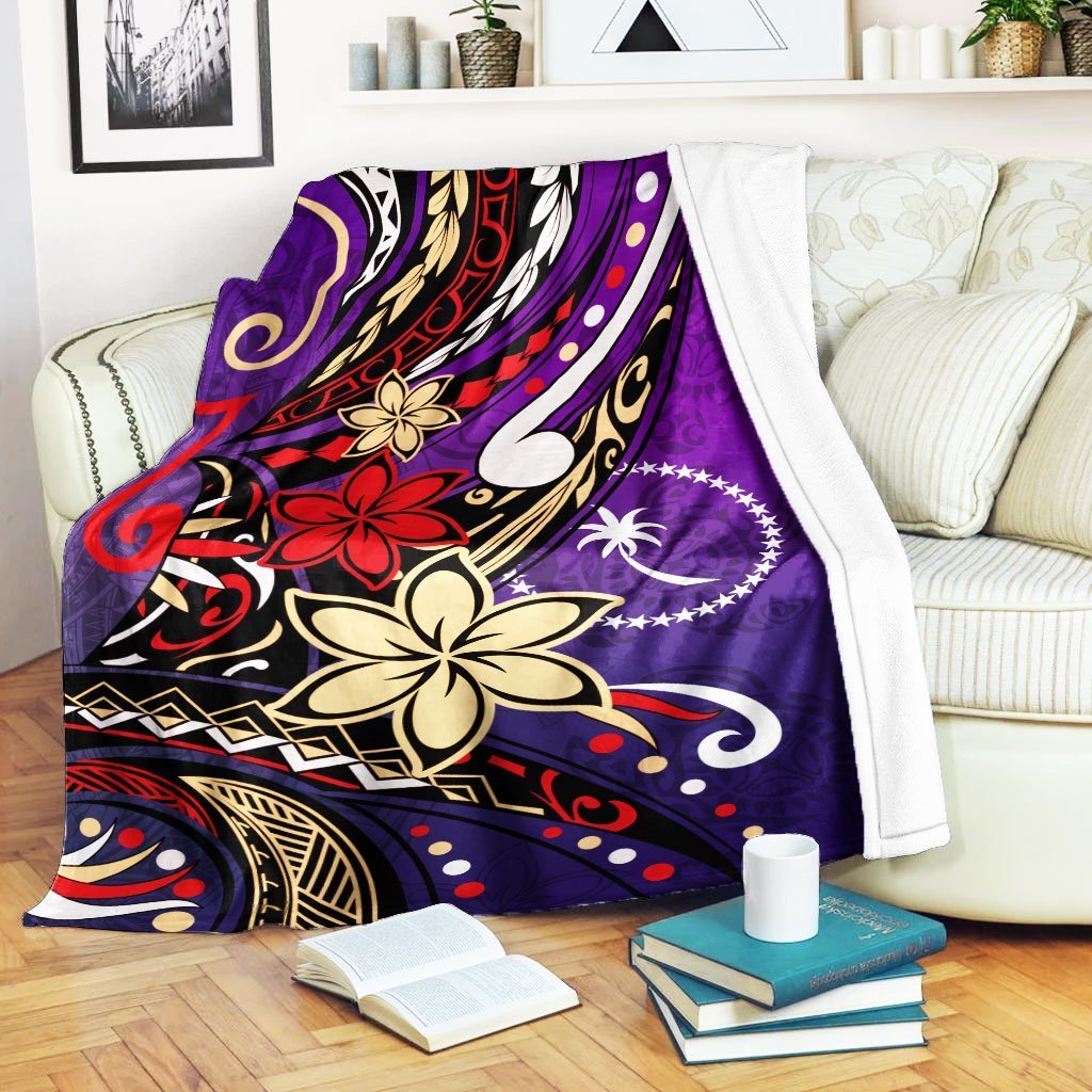 Chuuk State Premium Blanket - Tribal Flower With Special Turtles Purple Color White - Polynesian Pride