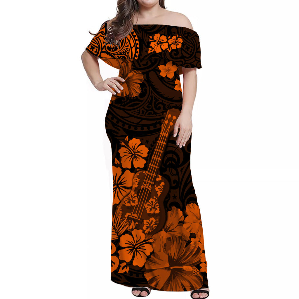 Hawaii Off Shoulder Long Dress Polynesia Orange Ukulele Flowers LT13 Women Orange - Polynesian Pride