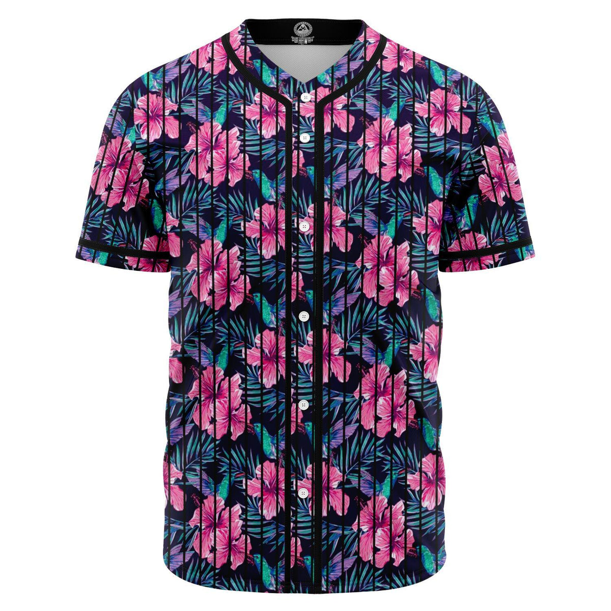 Tropical Flowers With Hummingbirds Palm Leaves Baseball Jersey Black - Polynesian Pride