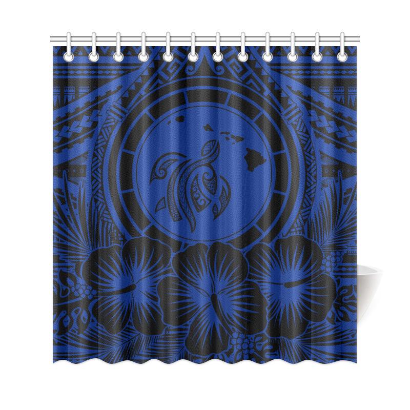 Hawaii Map Honu Hibiscus Blue Polynesian Shower Curtain - Polynesian Pride