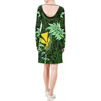 Hawaii Long Sleeve String Tie Dress - Green Hibiscus - Polynesian Pride