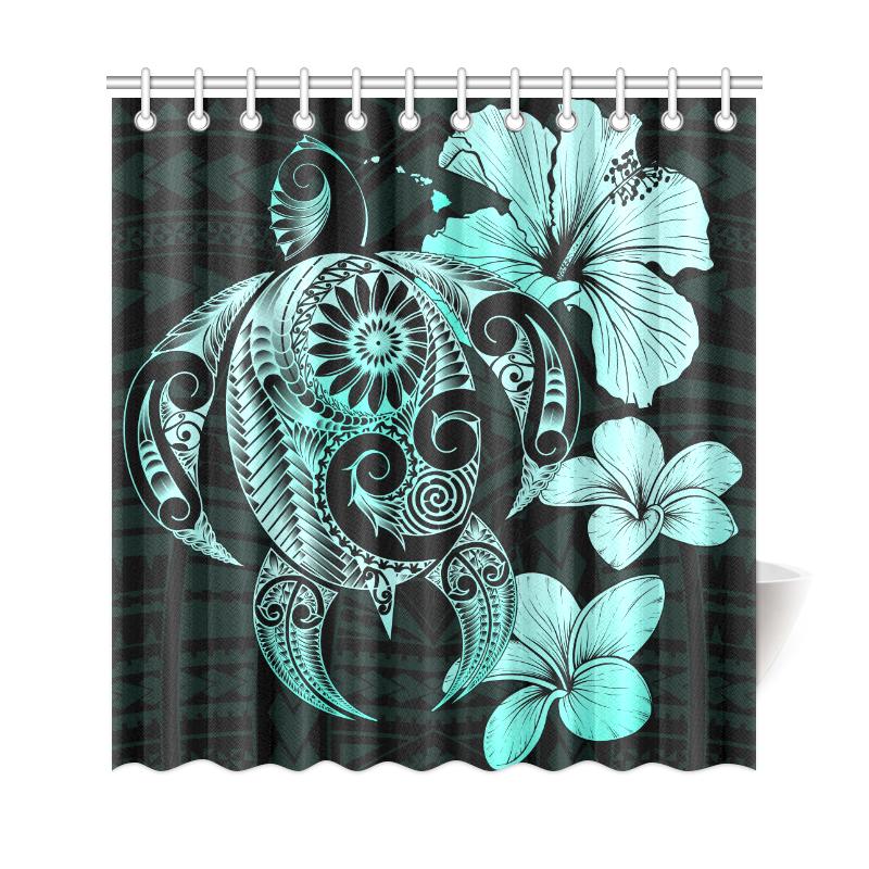 Hibiscus Plumeria Mix Polynesian Turquoise Turtle Shower Curtain - Polynesian Pride