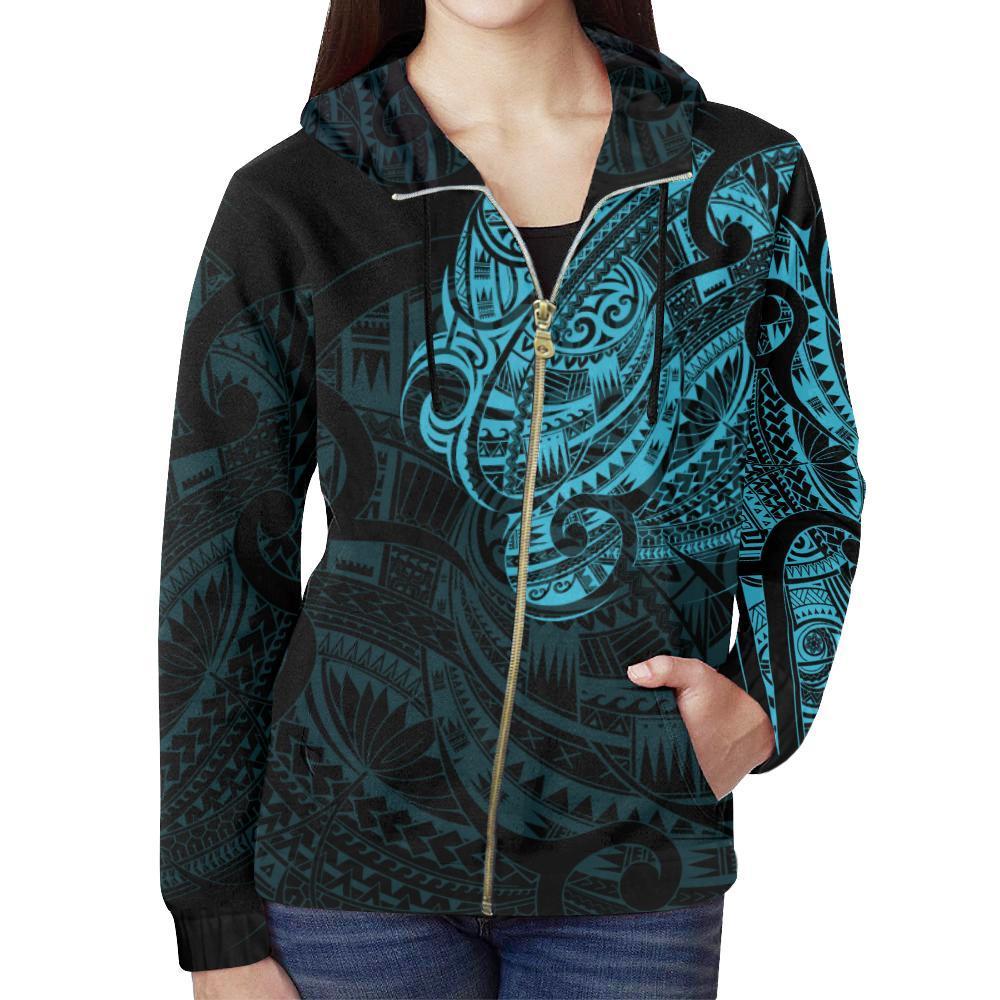 Maori Tattoo Style All Over Zip Hoodie Blue Version - Polynesian Pride