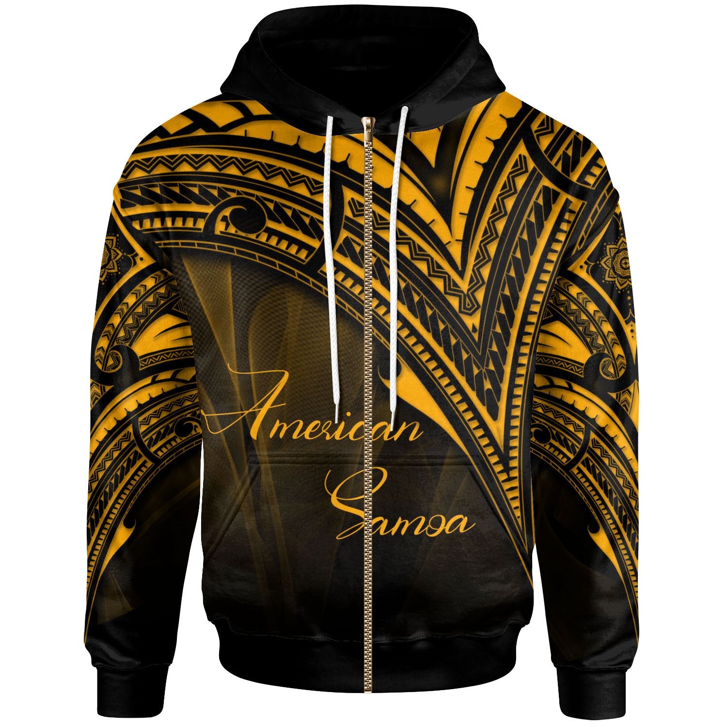 American Samoa Zip Hoodie Gold Color Cross Style Unisex Black - Polynesian Pride