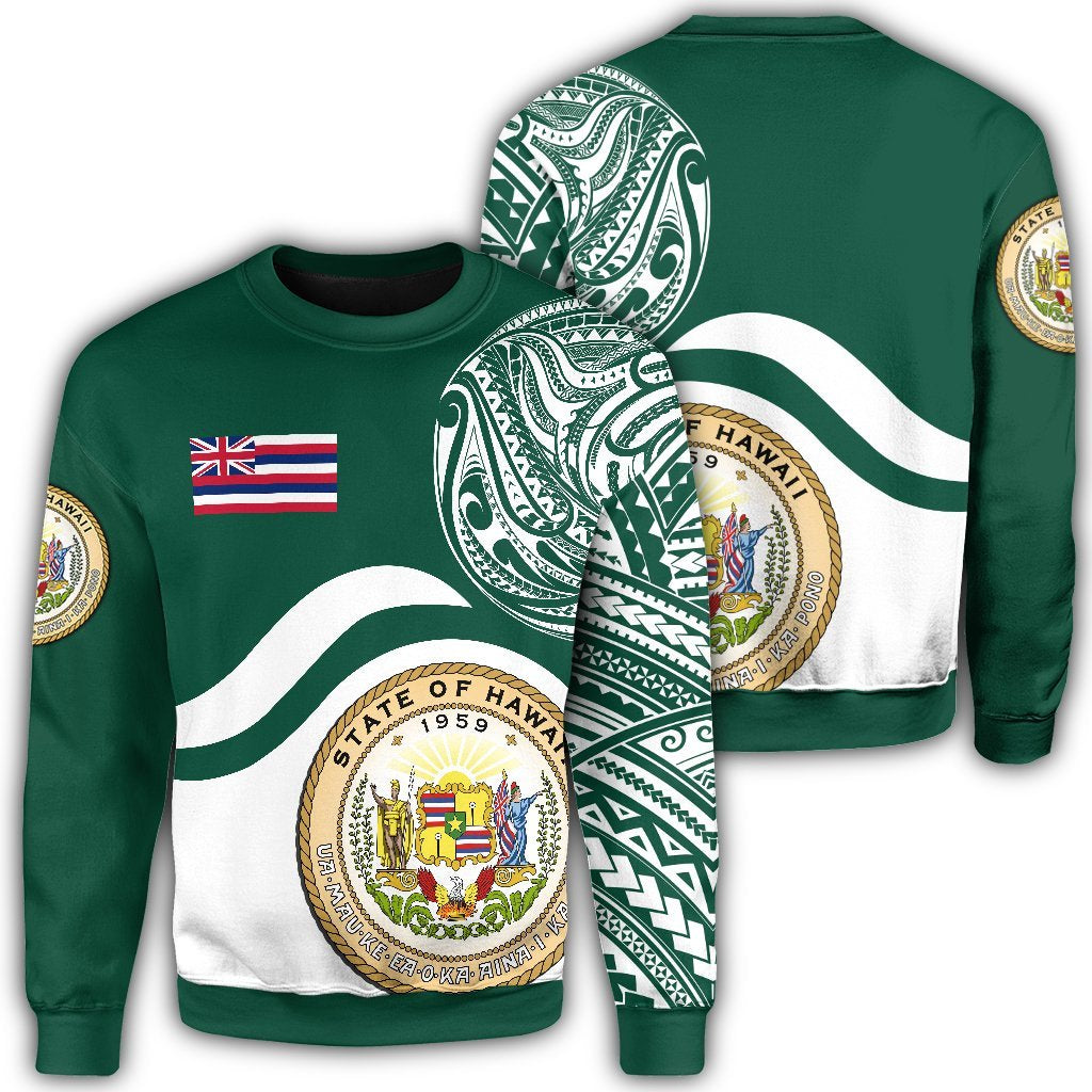 Hawaii Coat Of Arms Sweatshirt - Waveshape Style - AH Unisex Green - Polynesian Pride