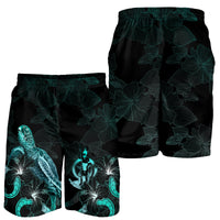 Vanuatu Polynesian Men's Shorts - Turtle With Blooming Hibiscus Turquoise - Polynesian Pride