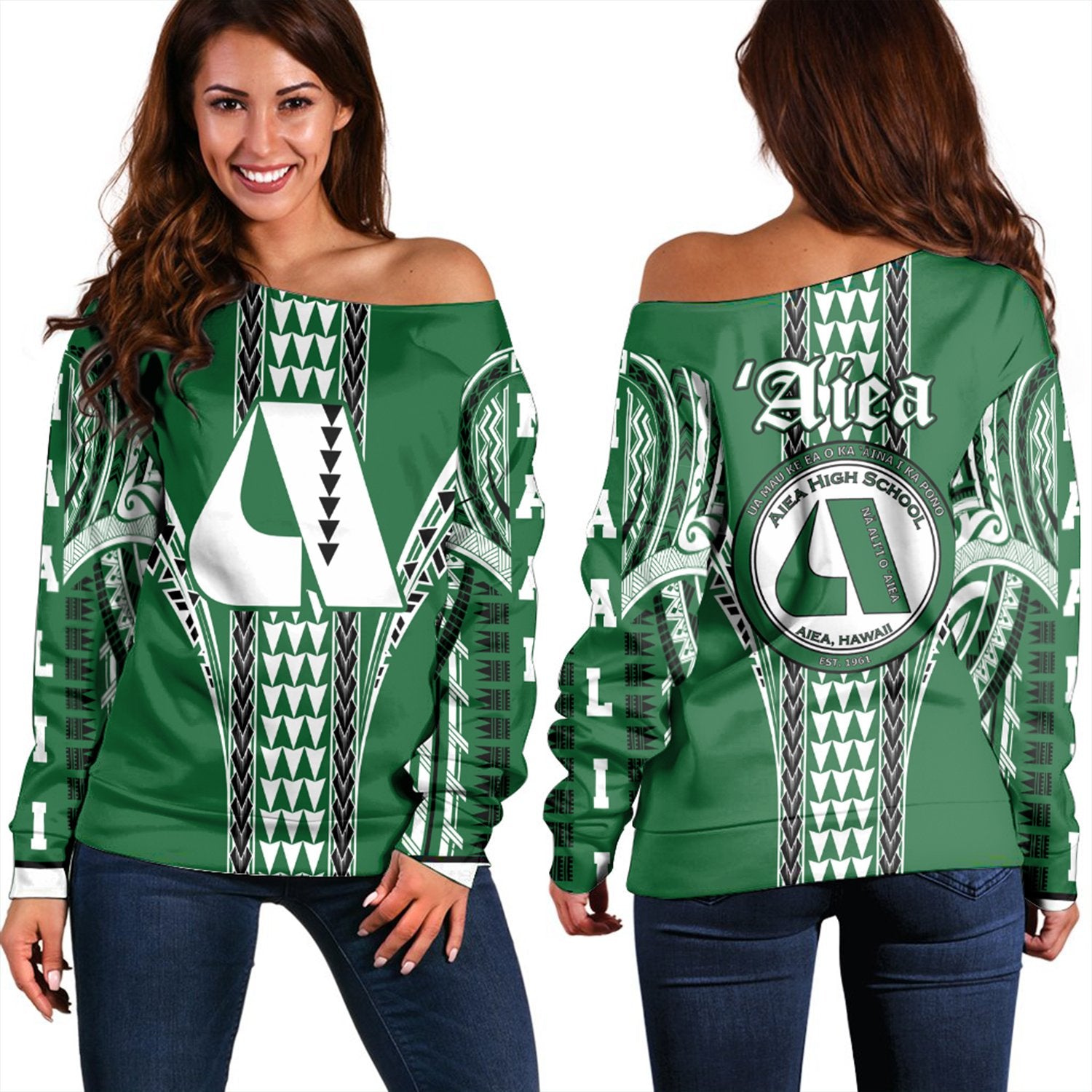 Hawaii - Aiea Women's Off Shoulder Sweatshirt AH Green - Polynesian Pride