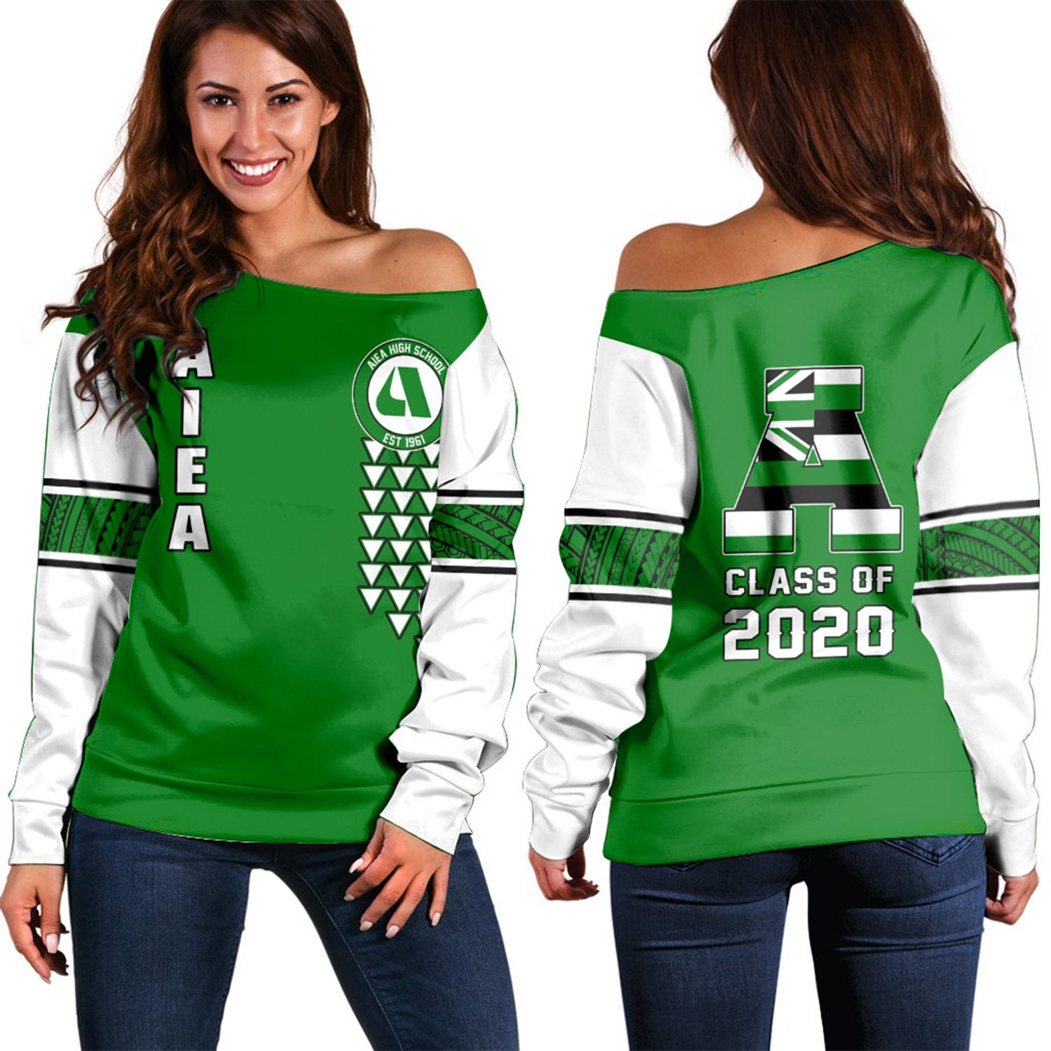 (Personalised) Hawaii - Aiea High Custom Your Class Women's Off Shoulder Sweatshirt AH Green - Polynesian Pride