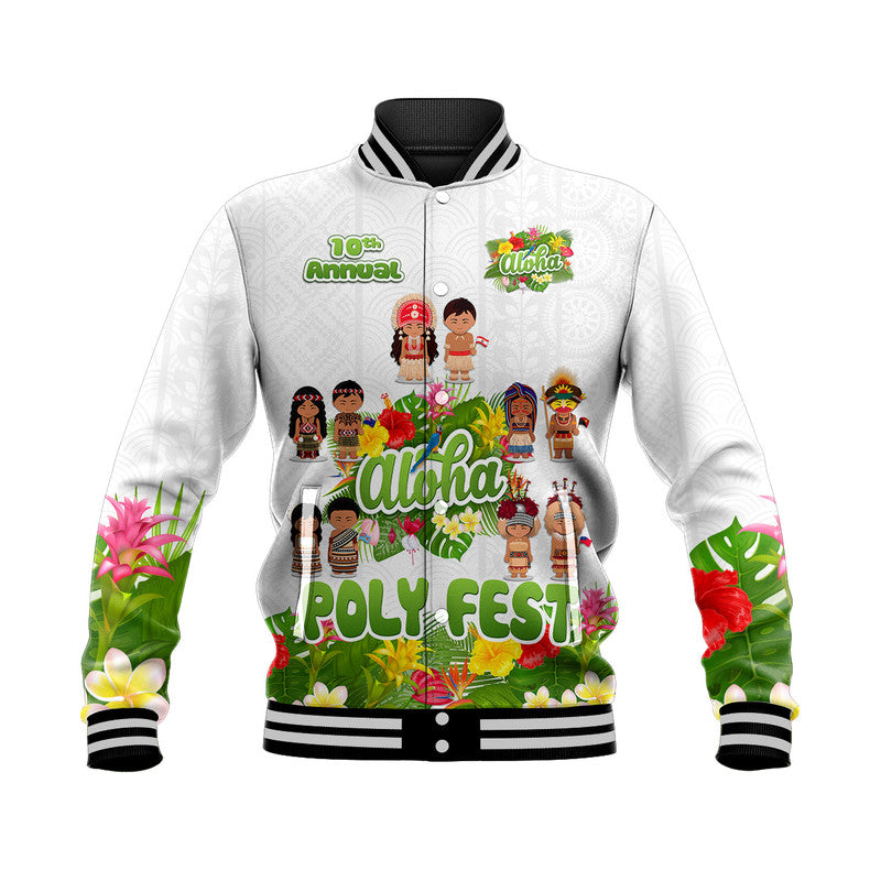 Aloha Poly Fest 10th Annual Baseball Jacket Tropical Palm Leaf Flower LT9 Unisex White - Polynesian Pride