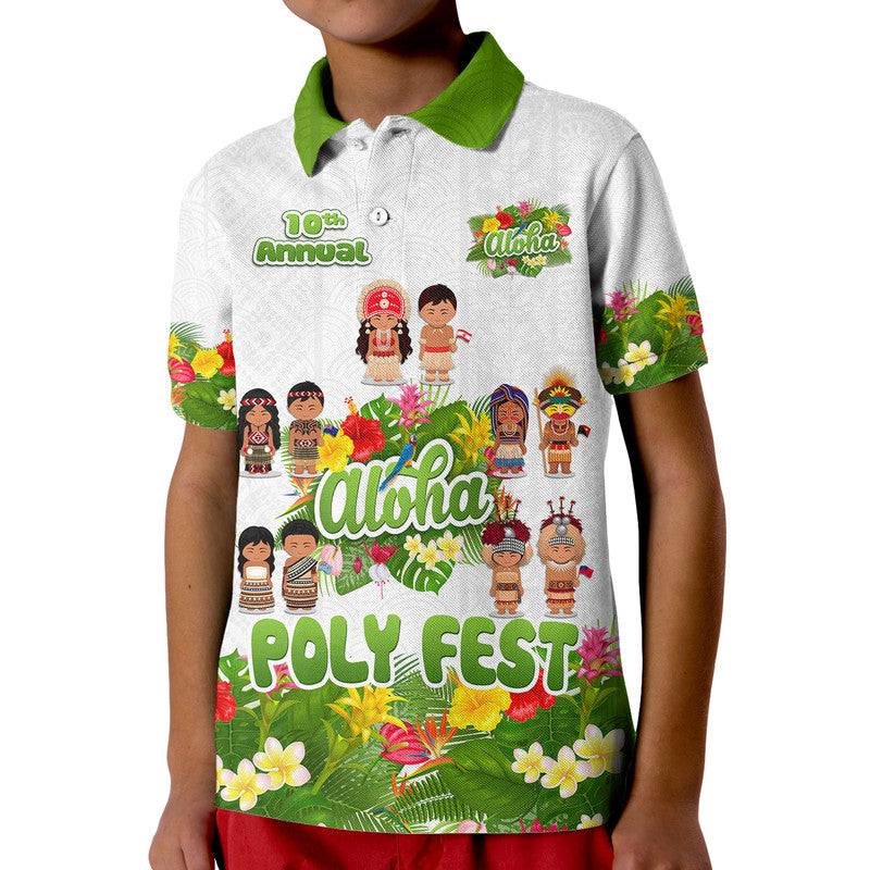 Aloha Poly Fest 10th Annual Polo Shirt Tropical Palm Leaf Flower LT9 Kid White - Polynesian Pride