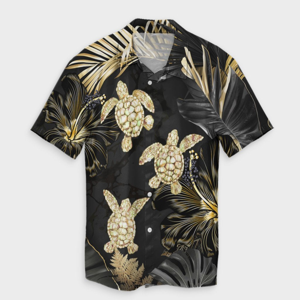 Hawaiian - Golden Tropical Turtle Hawaiian Shirt AH Unisex Black - Polynesian Pride