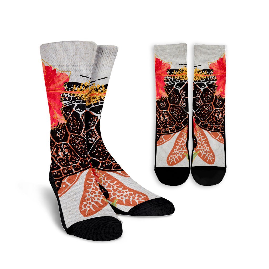 Hawaiian - Hawaii Turtle Art Hibiscus Crew Socks - AH Crew Socks White - Polynesian Pride